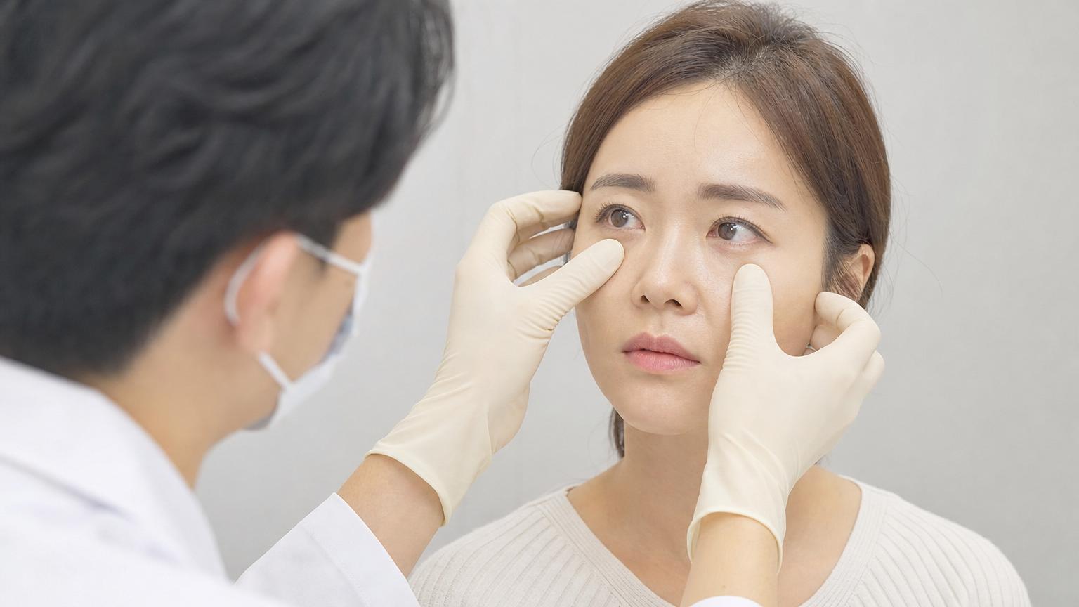close-up photograph of patient consultation with surgeon examining lower eyelid laxity with gloved hands
