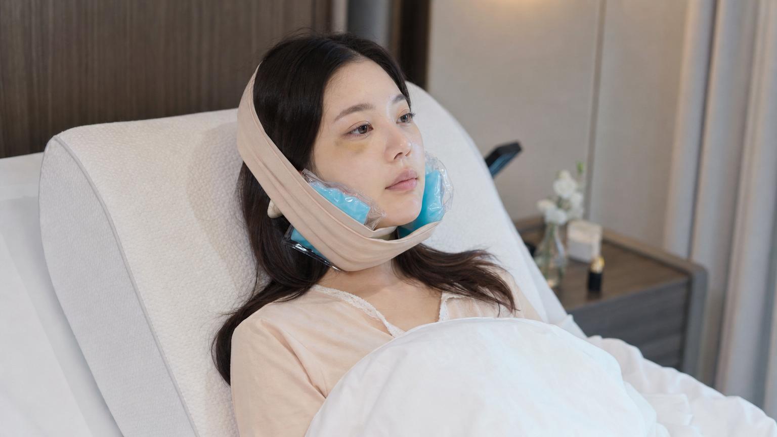 A patient resting against an elevated wedge pillow with cold compresses, day 3 post-op, mild bruising visible under the right eye