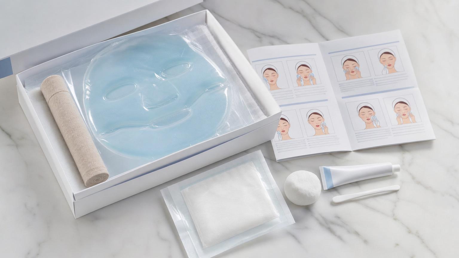 Close-up of a Korean clinic's post-op care kit — cold gel mask, antibiotic ointment, sterile gauze, and instruction sheet in English