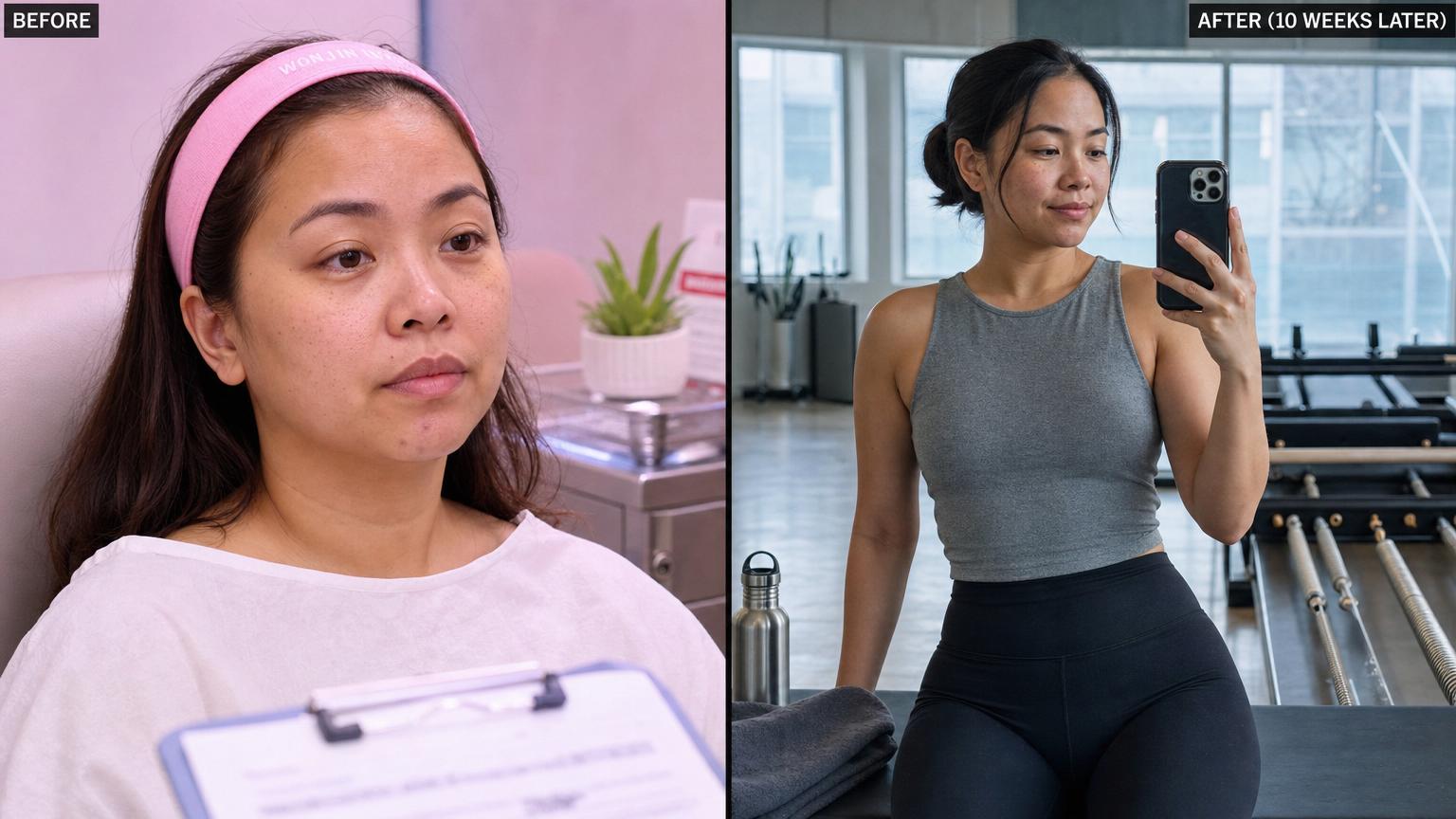 Before-and-after selfies of a Korean woman in her early thirties three months after Korean micro-cannula liposuction of the flanks and outer thighs — BEFORE bathroom mirror selfie in oversized gray cotton t-shirt with mild lateral waist fullness / AFTER outdoor cafe selfie in fitted navy linen dress showing smoothly contoured waistline and natural skin retraction, different clothes and different lighting on different days