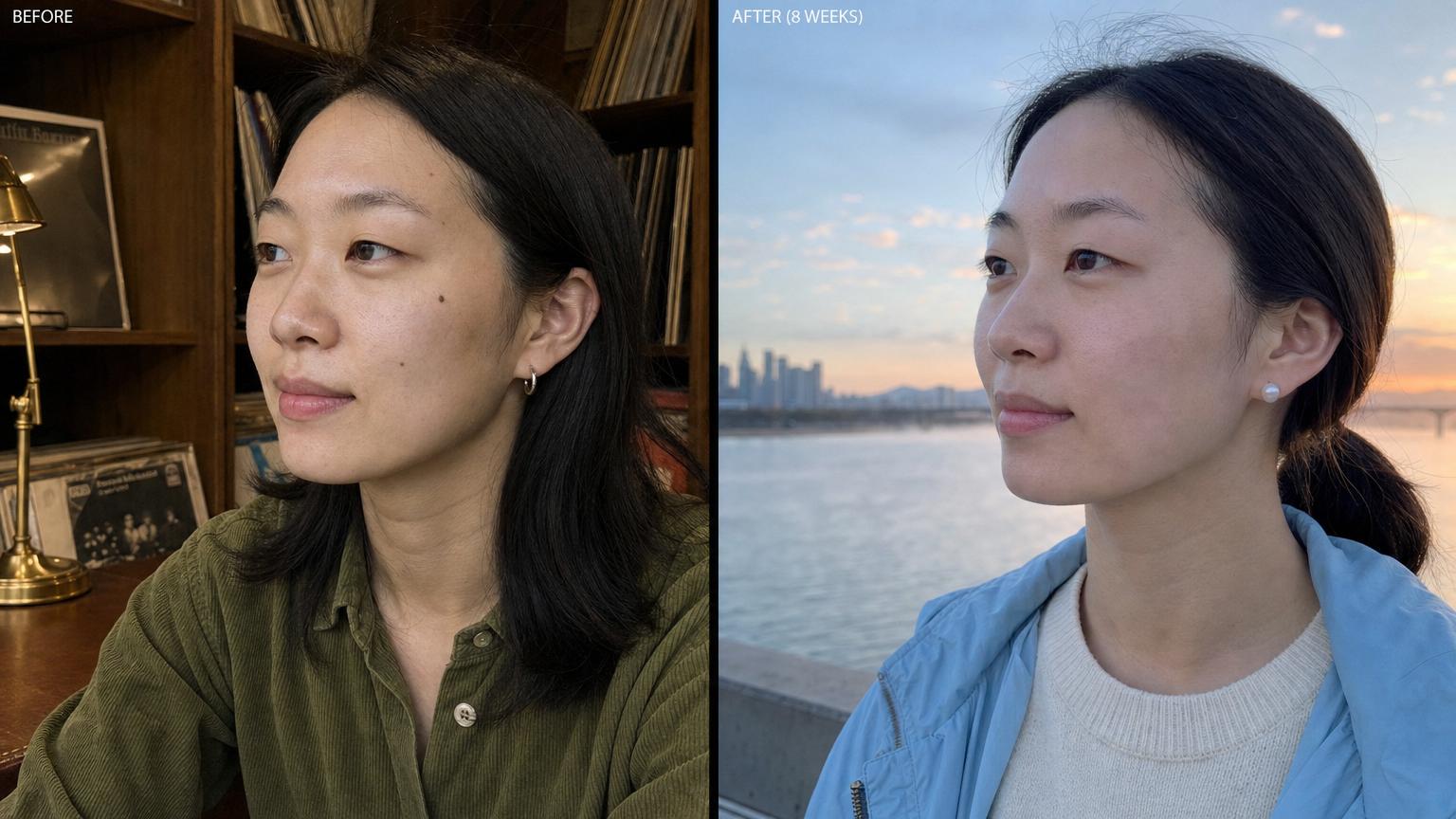 Before-and-after selfies of a Korean-Japanese woman in her mid-twenties 8 weeks after a single Korean CO2 laser session for mole and spot removal BEFORE vintage record shop interior with walnut shelving and brass tungsten lighting in an olive corduroy shirt showing a 4mm flat brown nevus on the right cheek and a small seborrheic keratosis near the temple / AFTER Han River sunrise walking path in a light ivory cotton sweater under an open sky-blue windbreaker showing the targeted lesions completely removed with surrounding skin texture pore structure and natural markers preserved