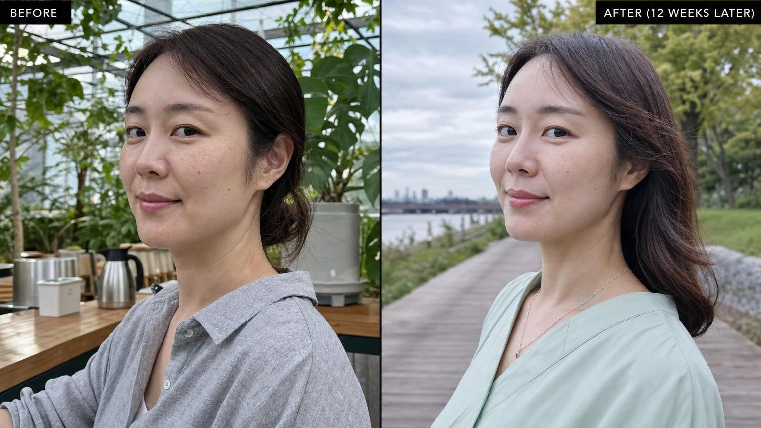Before-and-after selfies of a Korean woman in her early thirties twelve weeks after a single Korean Volnewmer monopolar RF mid-face lift session — BEFORE indoor greenhouse cafe selfie in a loose cool gray linen oversized shirt with subtle early jowl softening / AFTER outdoor selfie on a Han River park walking path in a soft mint green blouse and delicate silver chain showing visibly more defined jawline and elevated mid-face from 12-week collagen contraction, same 3/4 left face angle and closed-mouth natural smile in both panels, different real environments on different days