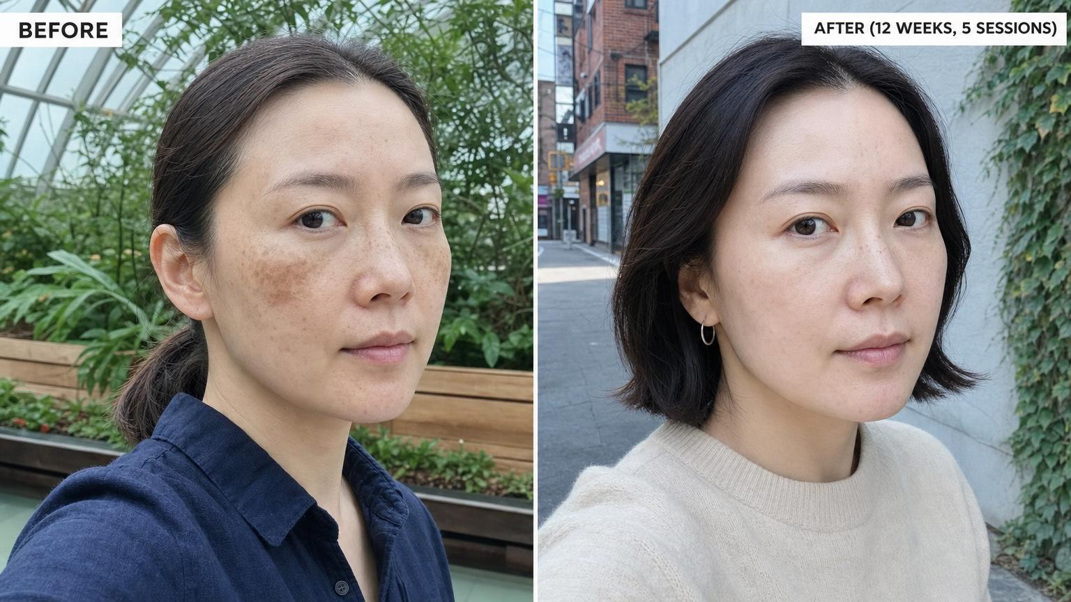 Korean Accento dual-wavelength laser before and after 12 weeks, 5 sessions. Melasma patches lighter, 잡티 cleared, freckles preserved — pigment clearance without skin lightening.