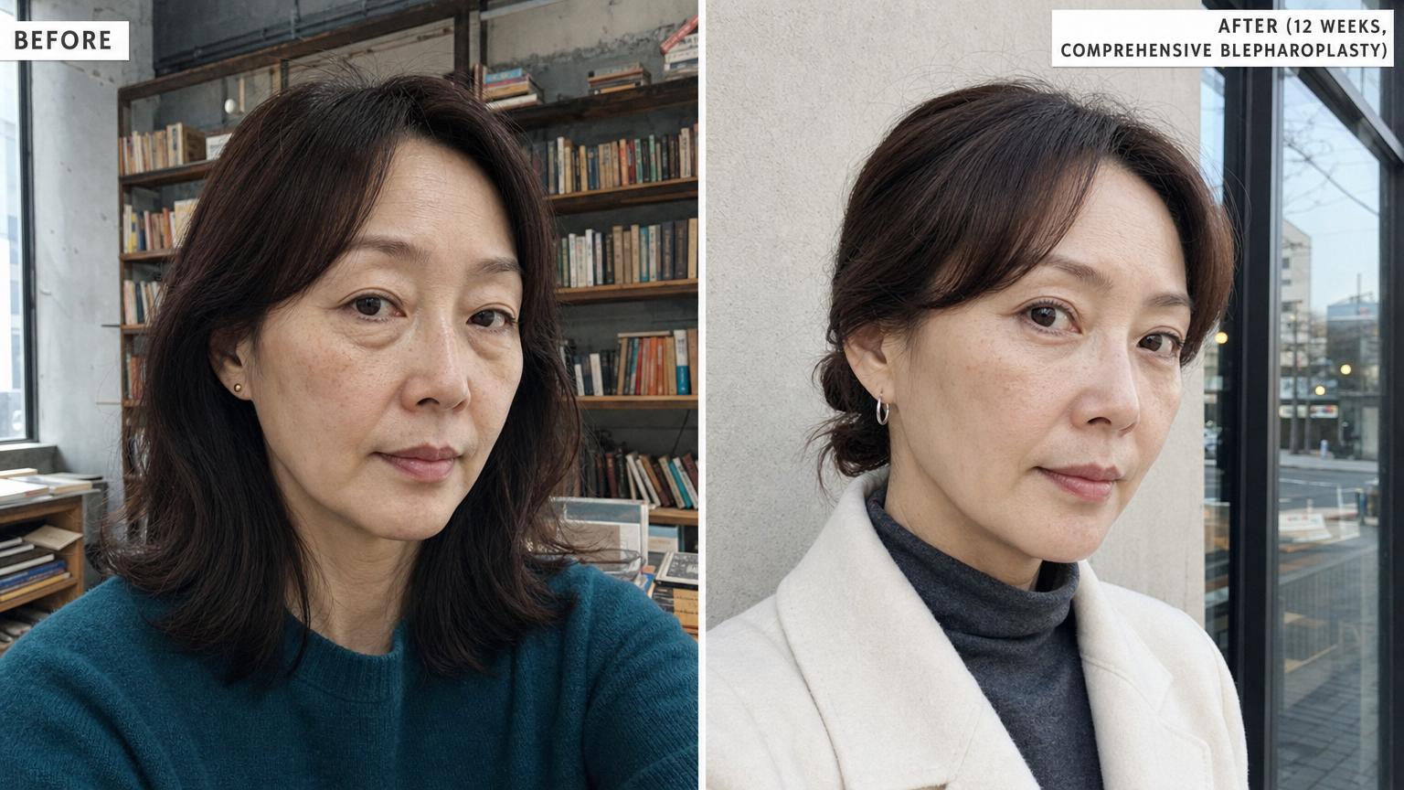 Korean comprehensive blepharoplasty before and after 12 weeks. Upper bleph + lower transconjunctival + ptosis correction combination. Eyelid heaviness resolved, eyes rested and open, age markers preserved.