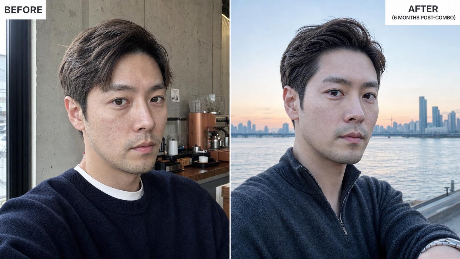 Korean men's plastic surgery before and after 6 months. Masculine rhinoplasty + jawline RF + acne scar treatment combo. Refined and recognizable, not feminized.