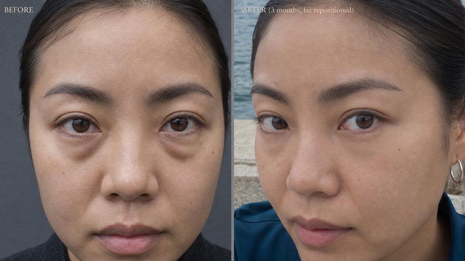 Korean lower eyelid fat repositioning before and after eye-area close-up