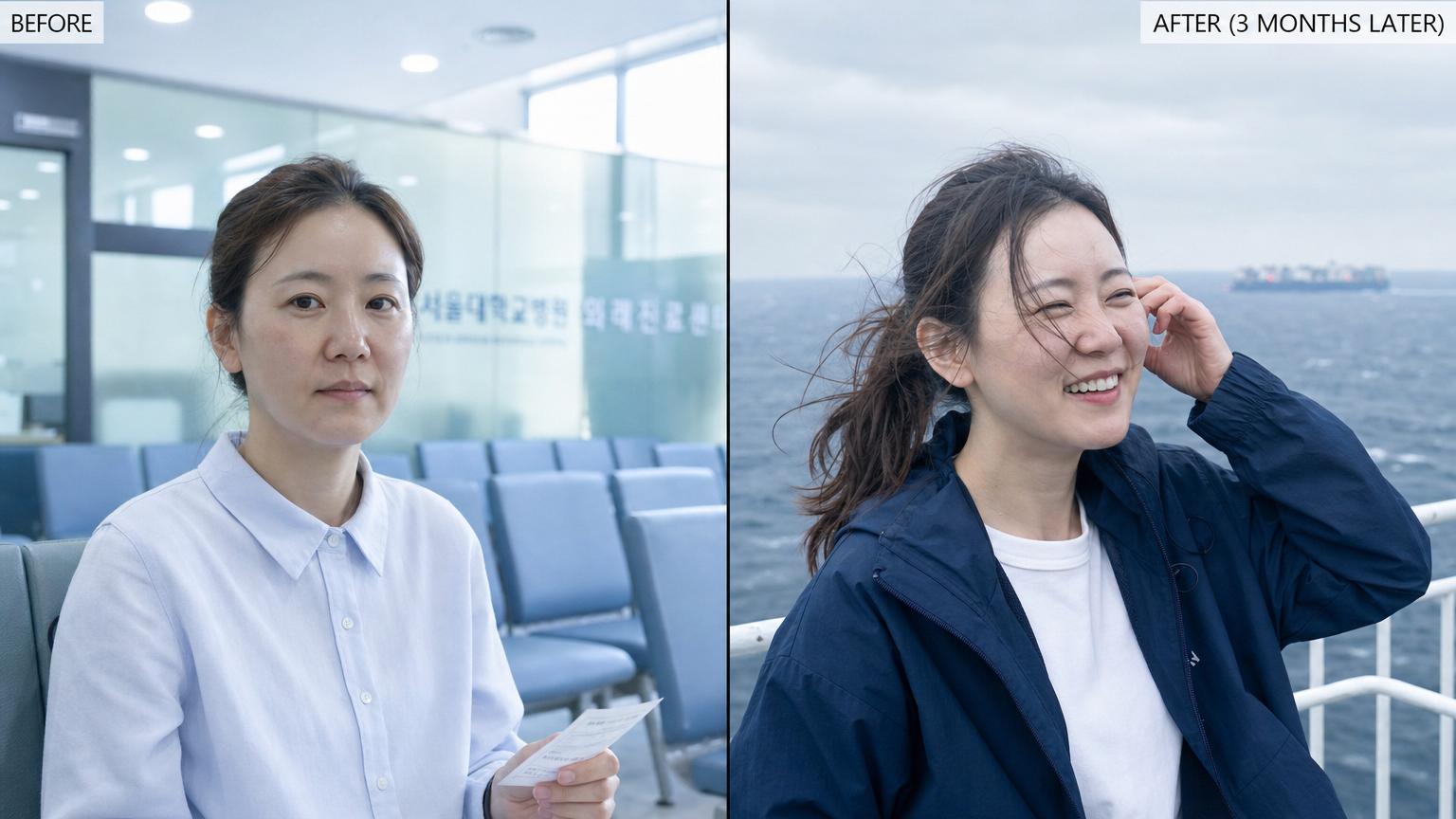 Before-and-after selfies of a Korean woman in her late forties six months after authentic Merz Ultherapy MFU-V at an authorized Seoul clinic — BEFORE bathroom mirror selfie in a loose charcoal cotton sweatshirt with mild lower-face laxity and a softened jawline / AFTER outdoor cafe selfie in a tailored ivory linen blouse showing a sharper jawline and tighter submentum from collagen-driven SMAS contraction, different clothes and different lighting on different days