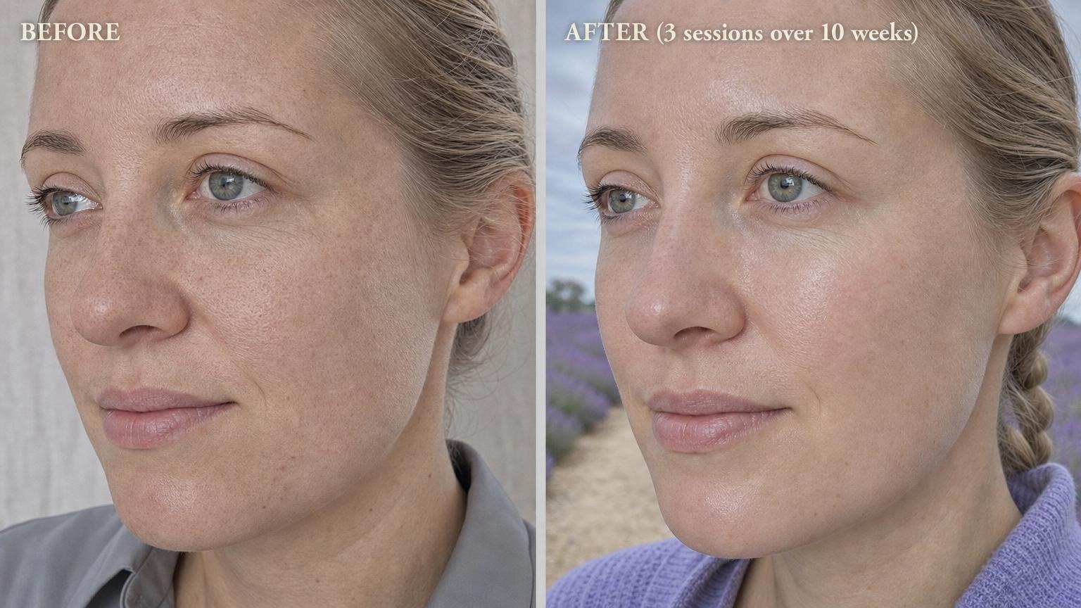 Korean skin booster stacking before and after mid-face close-up, dull rough texture to smooth hydrated glow