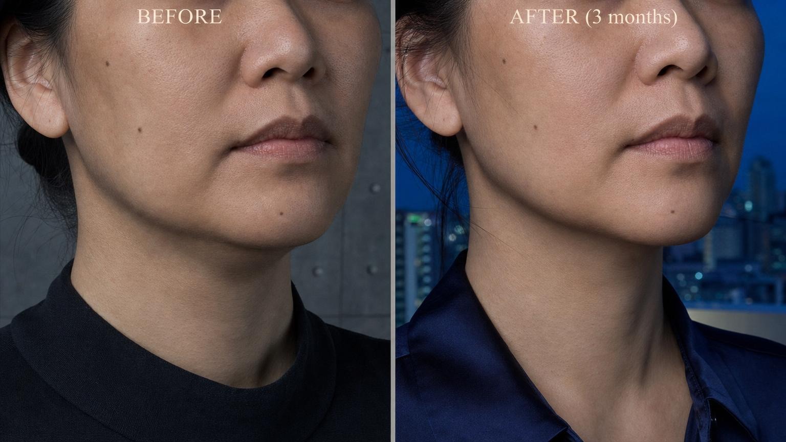 Korean jawline tightening before and after lower-face close-up