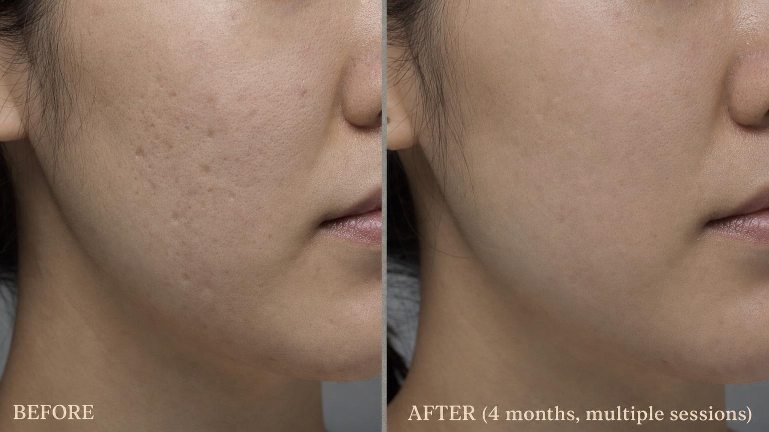 Korean acne scar before and after cheek close-up