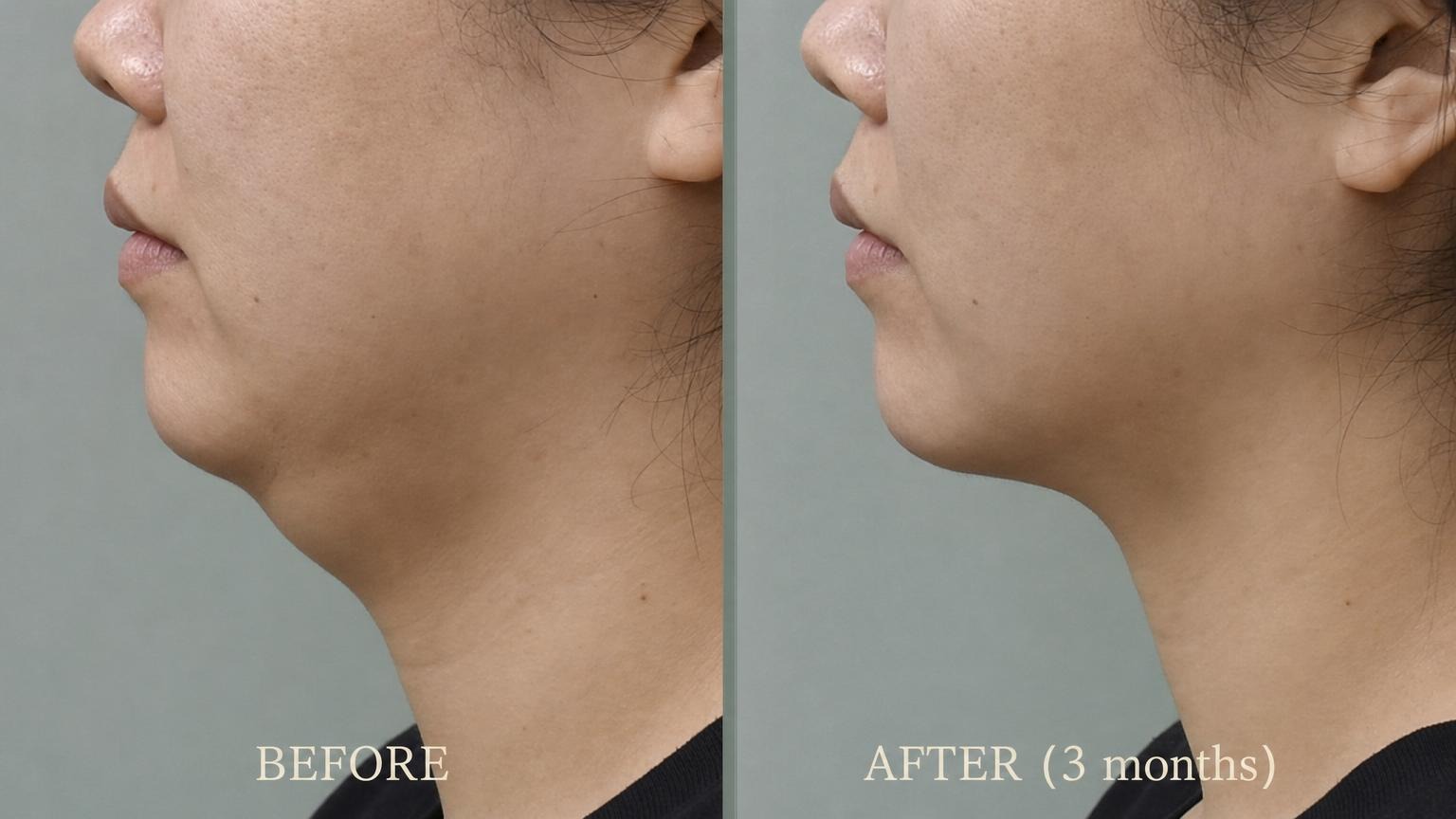 Korean double chin before and after under-chin profile close-up