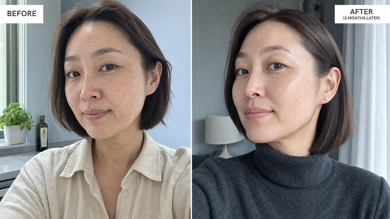 Korean Ultherapy 3-month result: visibly firmer jawline, softened nasolabial fold and crow feet, refined skin texture with freckles and pores preserved