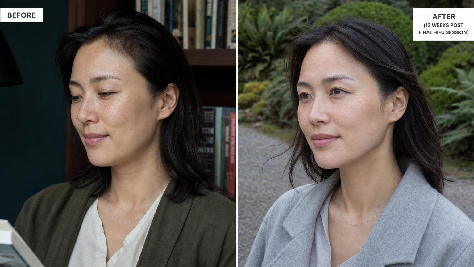 Before-and-after selfies of a Korean-American woman in her early forties three months after a layered Korean lifting protocol combining Shrink Universe and Ultherapy at an authorized Seoul clinic — BEFORE bathroom mirror selfie in a casual dove-gray cotton tank with mild lower-face softening and gentle jawline laxity / AFTER outdoor rooftop selfie in a fitted navy linen shirt showing a sharper jawline and tighter submentum from the combined HIFU lifting protocol, different clothes and different lighting on different days
