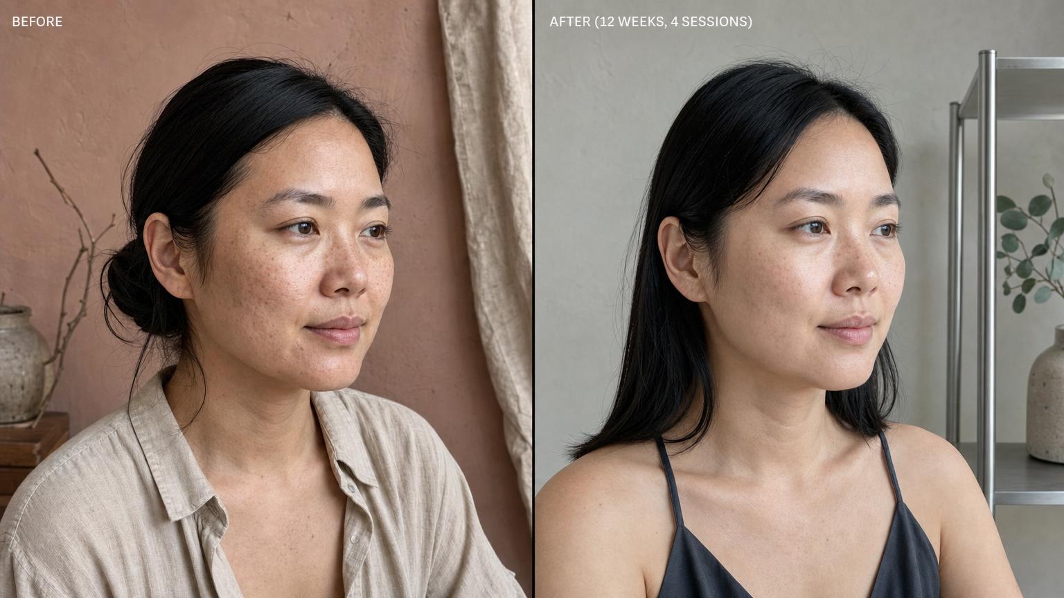 Before-and-after selfies of a Korean woman in her early thirties three months after a complete Solta Fraxel Dual series at an authorized Seoul clinic — BEFORE bathroom mirror selfie in an oversized charcoal cotton sweatshirt with visible cheek acne scarring rolling and boxcar morphology and mild pigment irregularity / AFTER outdoor cafe selfie in a soft cream linen blouse on a tree-lined urban path showing visibly smoother cheek texture and improved tone uniformity from cumulative collagen remodeling and pigment correction across the 3 to 5 session series