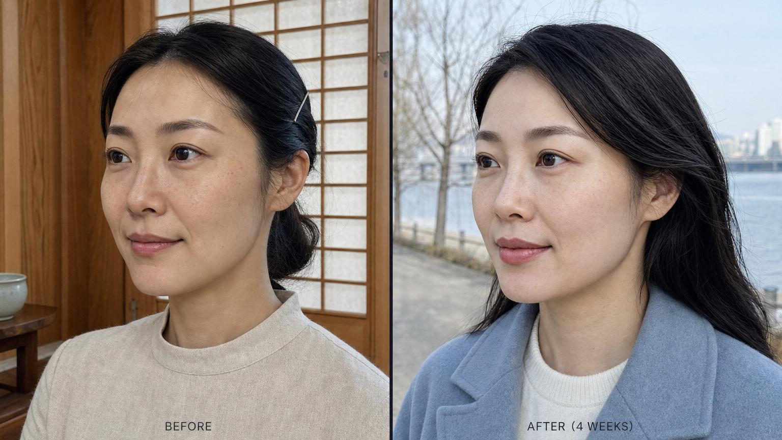 Before-and-after selfies of a Korean-Japanese woman in her late 30s four weeks after Restylane Kysse lip filler at an authorized Seoul aesthetic clinic — BEFORE hanok modern interior with pale dove gray teacup showing 1:1 upper-to-lower lip ratio and flat philtrum column / AFTER Han River walking path early morning showing 1:1.3-1.5 ratio with softly defined cupid's bow and neutral lateral commissures, geometric design approach rather than volume amplification, different hair styling and different days for natural selfie tone