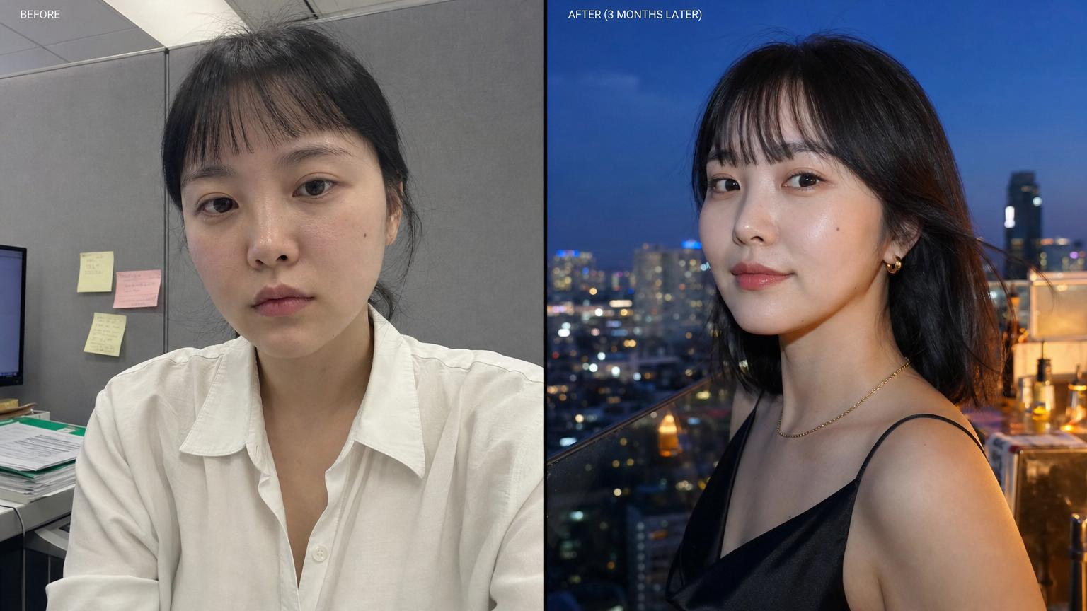 Before-and-after selfies of a Korean woman in her late forties 12 weeks after Korean Flower Lift PDO cog thread lift — BEFORE bathroom mirror selfie with mild jawline softening and slight mid-cheek descent / AFTER outdoor park selfie with restored jawline definition and lifted mid-cheek, different clothes and different lighting