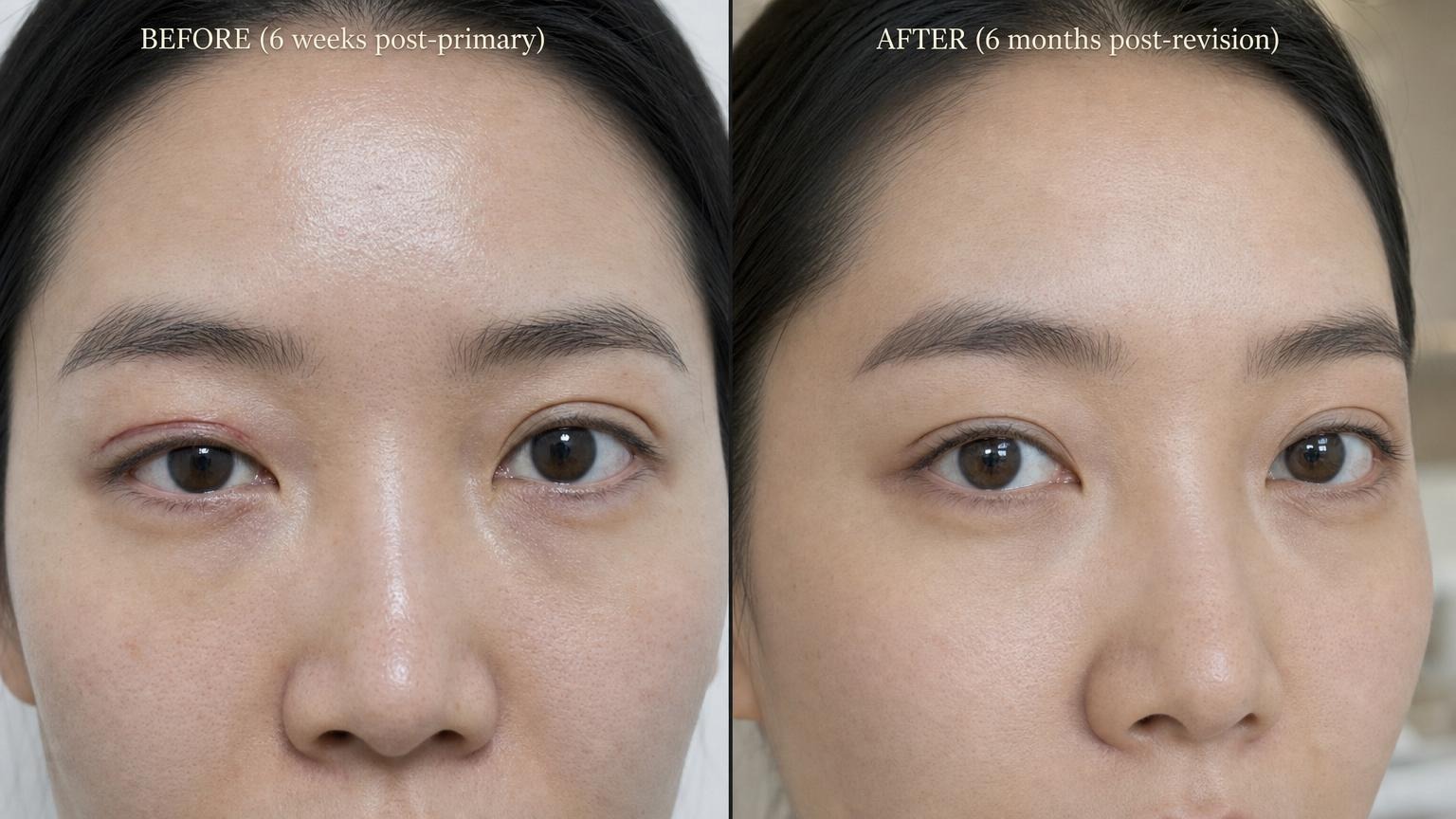 Korean eye revision before and after eye-area close-up. Korean woman early 30s with left supratarsal fold ptosis and pink scar band (BEFORE, 6 weeks post-primary) to symmetric folds with scar invisible (AFTER, 6 months post-revision).