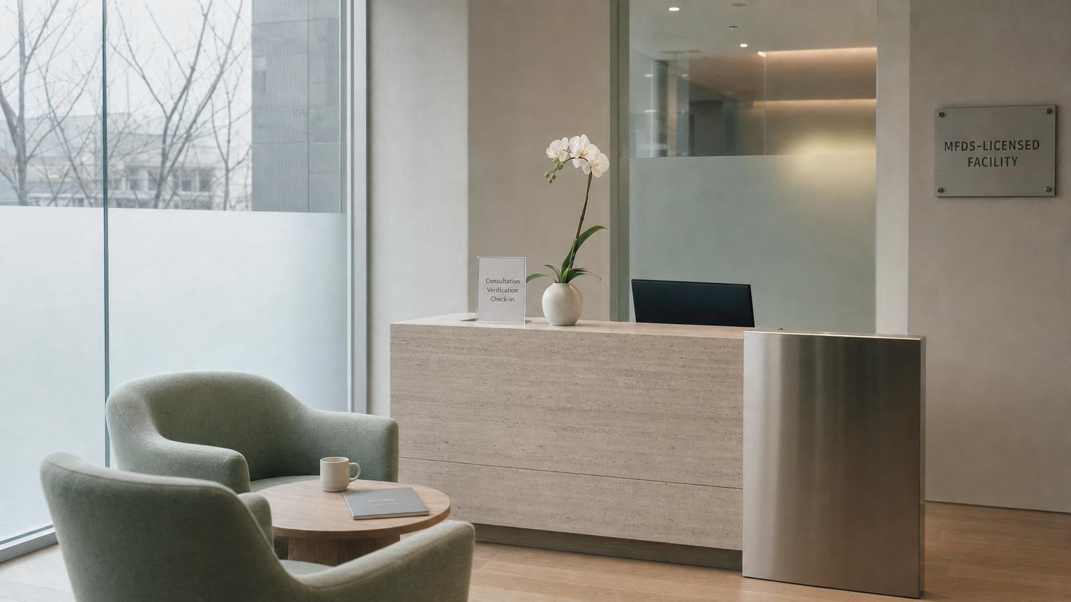 Modern Seoul aesthetic clinic concierge lobby with dove gray walls, pale oak floor, cool overcast daylight — the verification check-in moment before a foreign patient consultation begins.