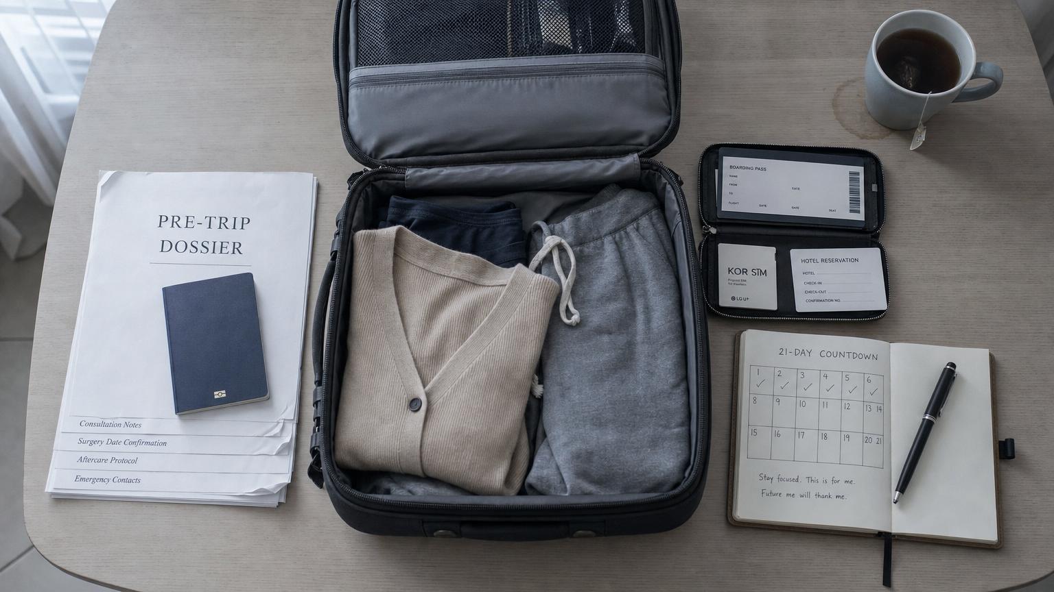 Foreign patient travel preparation flat lay — partially packed carry-on suitcase with passport, clinic correspondence dossier, Korean SIM card, hotel reservation card, and 21-day countdown notebook on a pale oak dining table in cool morning daylight.