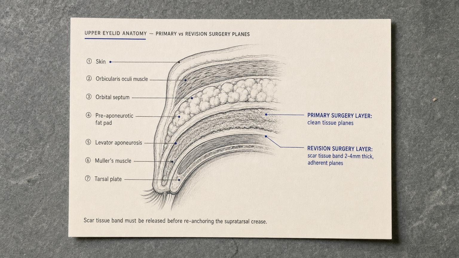 Upper eyelid anatomy cross section showing seven tissue layers and the difference between primary surgery planes and revision surgery scar tissue band 2 to 4mm thick.