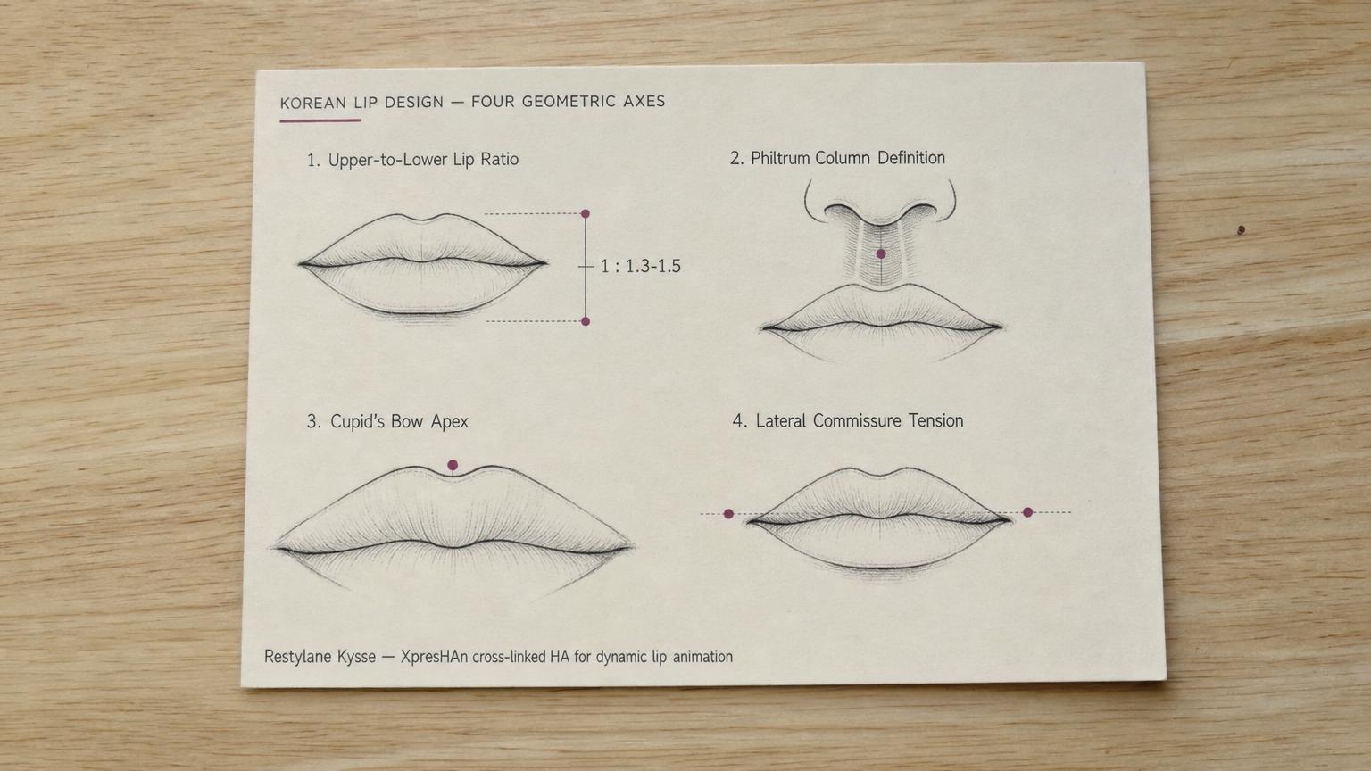 Printed Korean dermatology reference card photographed flat on a light pine wood desk showing the four geometric axes of Korean lip filler design — upper-to-lower lip ratio target 1:1.3-1.5, philtrum column definition with subtle ridge shading, cupid's bow apex with soft (not sharp) M-curve, and lateral commissure tension at neutral horizontal, with a small footer label citing Restylane Kysse XpresHAn cross-linked HA for dynamic lip animation