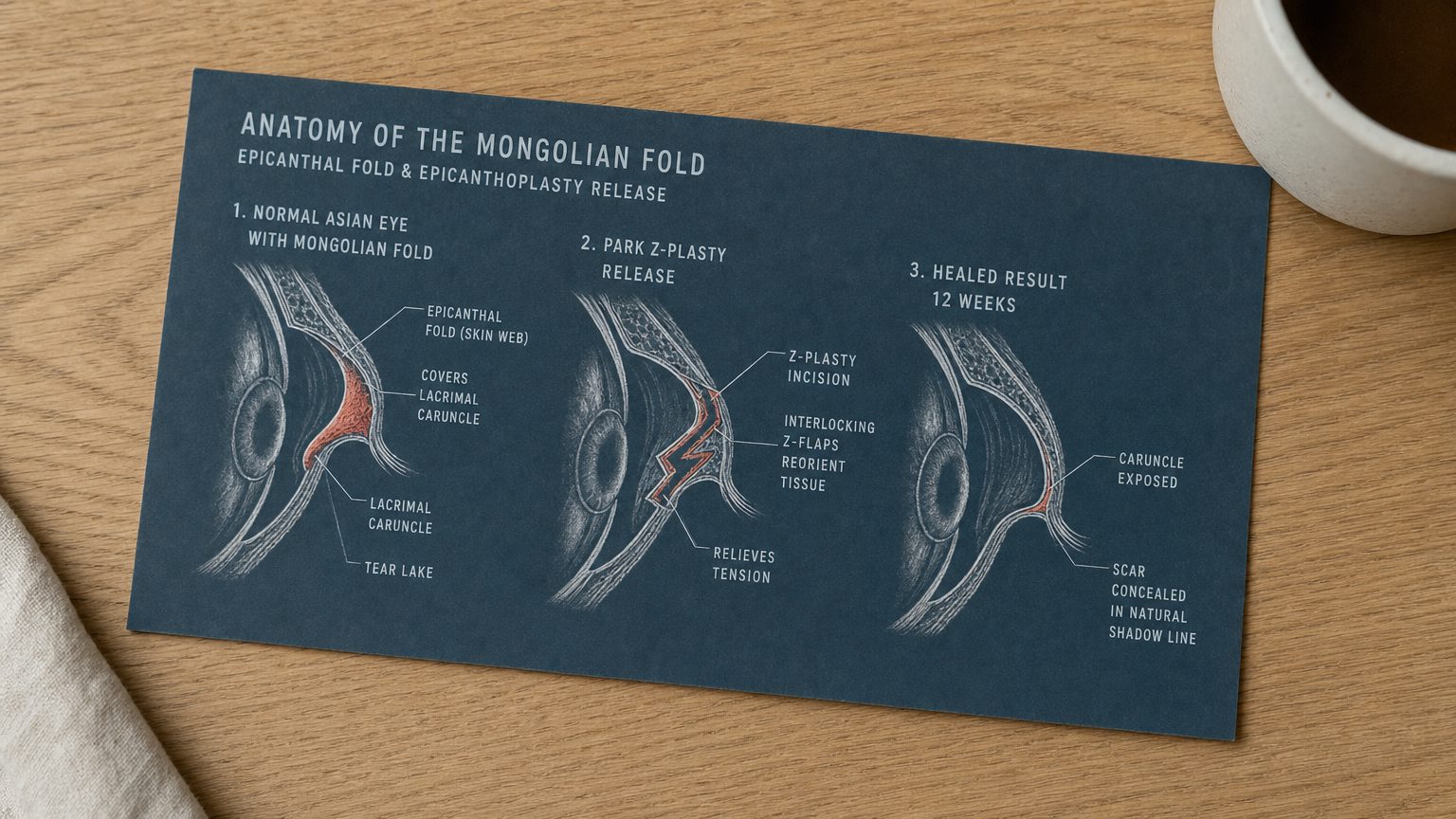 Printed anatomical reference card photographed top-down on raw oak desk surface showing cross-section diagram of the Mongolian epicanthal fold and Korean epicanthoplasty release mechanism — three labeled views: normal Asian eye with Mongolian fold covering pink lacrimal caruncle, Park Z-plasty release showing interlocking Z-incision pattern, and healed result at 12 weeks with exposed caruncle and scar along the natural shadow line