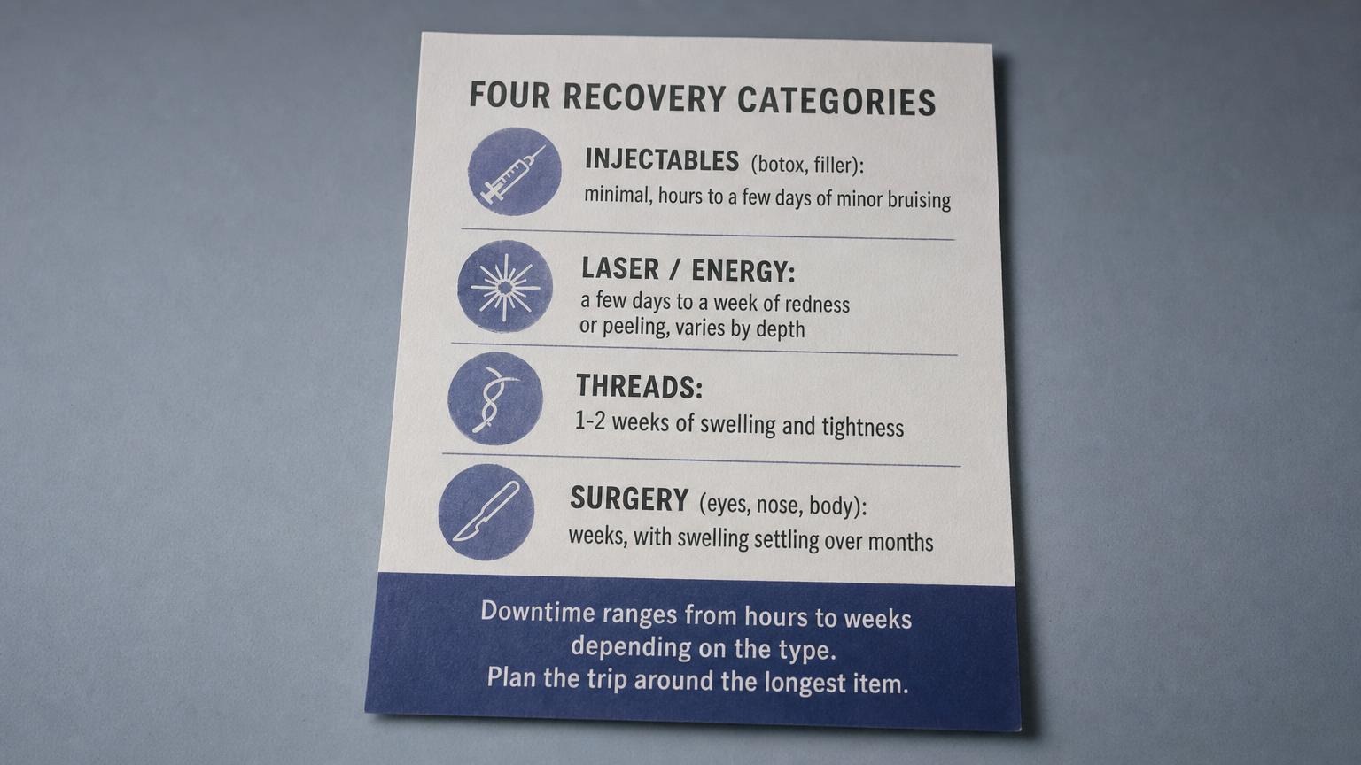 Four recovery categories: injectables days, laser a week, threads two weeks, surgery weeks