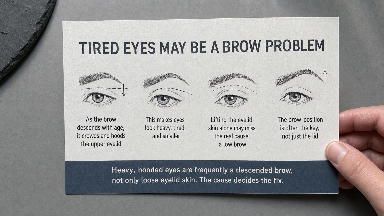 Tired eyes may be a brow problem: a descended brow crowds the upper lid