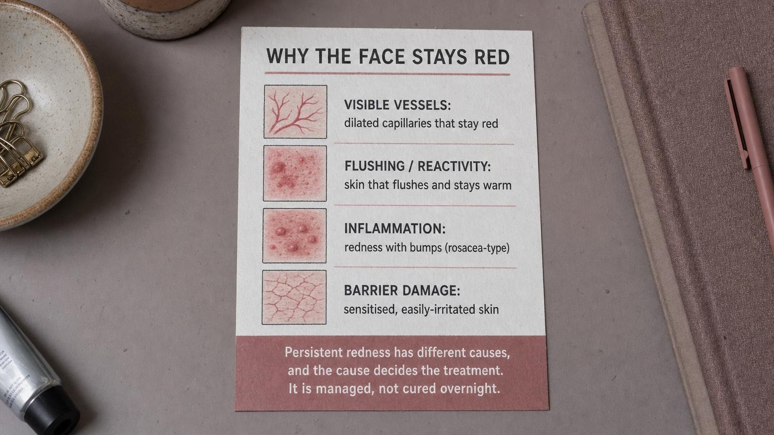 Why the face stays red: visible vessels, flushing, inflammation, barrier damage