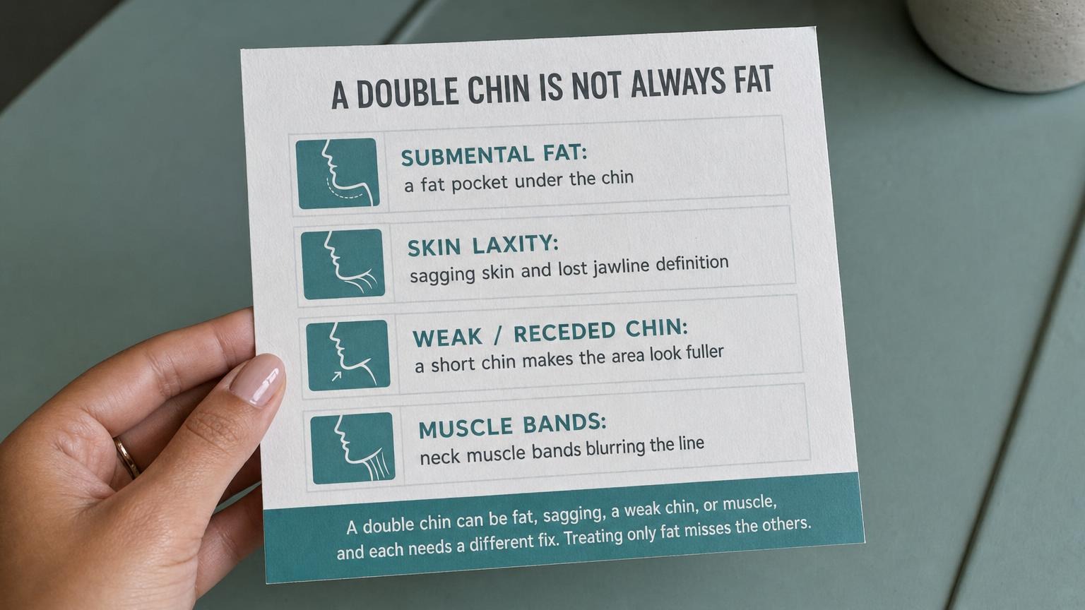 A double chin is not always fat: submental fat, skin laxity, weak chin, or muscle bands