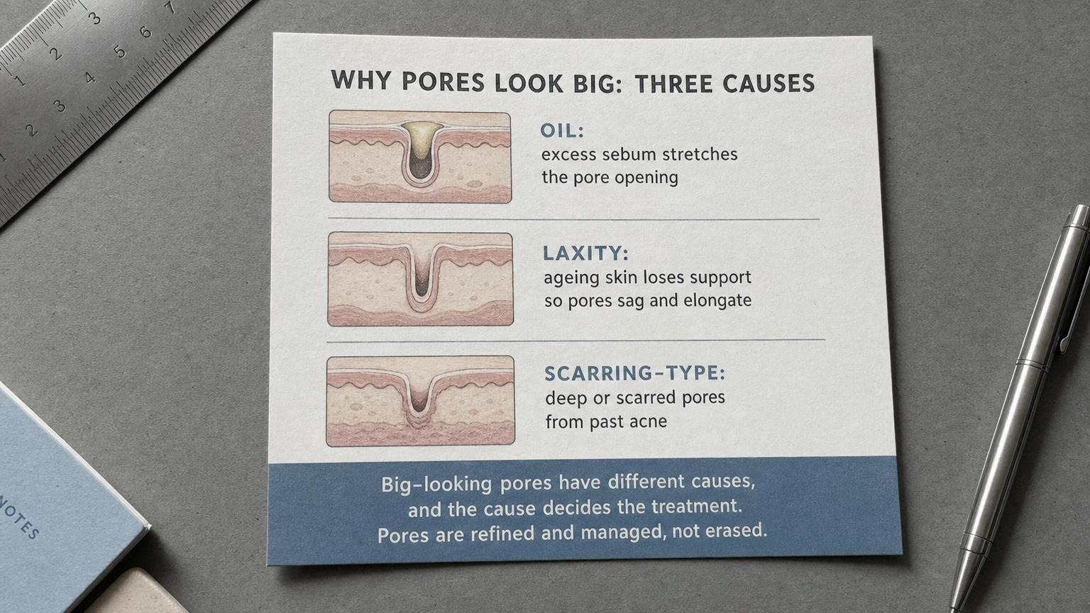 Why pores look big: oil stretches openings, laxity sags them, scarring deepens them