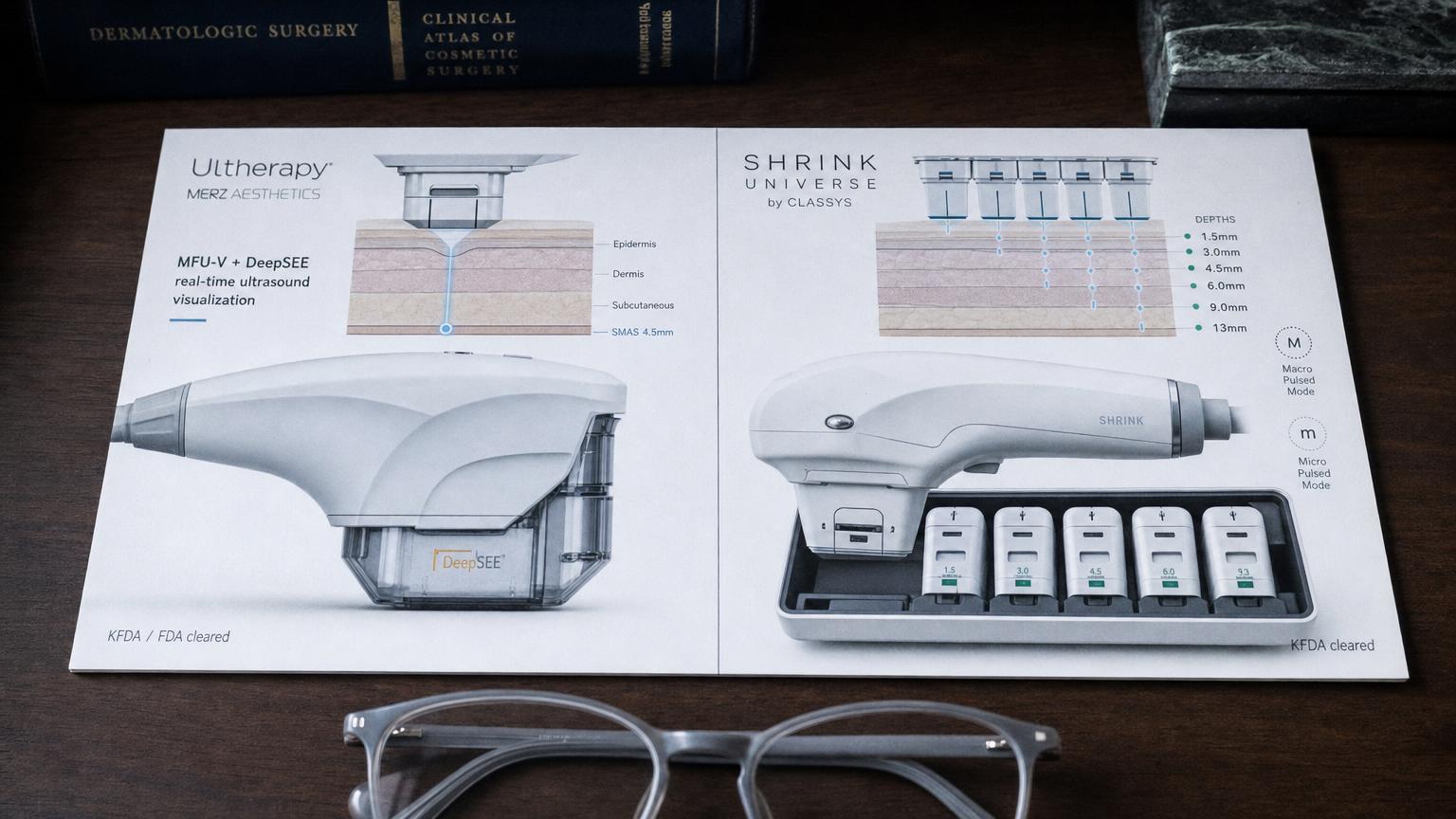 Printed Korean dermatology reference card photographed on a soft cool blue and pale wood desk showing a side-by-side device comparison — Ultherapy MFU-V on the left panel with 3 cartridge depths (1.5/3.0/4.5 mm) and the DeepSEE imaging window labeled, Shrink Universe HIFU on the right panel with 9 cartridge depths (1.5 mm to 13 mm) and Macro/Micro Pulsed Mode labeled, with a small caption noting that the depth numbers represent different engineering trade-offs rather than direct equivalents