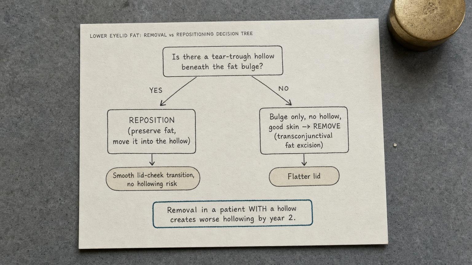 Lower eyelid fat removal vs repositioning decision tree flowchart