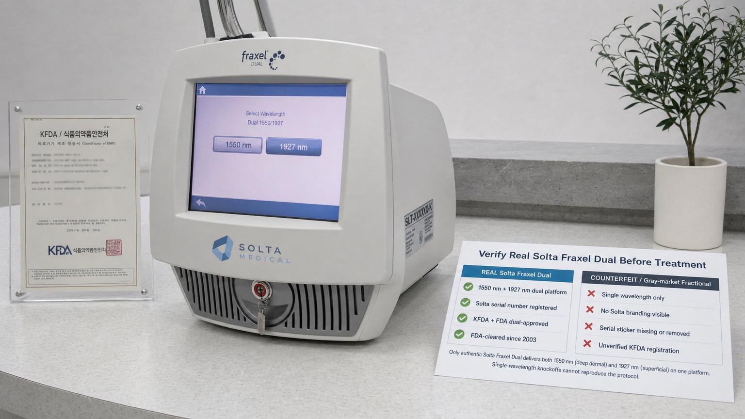 Top-down photograph of an authorized Solta Fraxel Dual verification setup on a brushed steel Seoul clinic table — the Solta Medical device console with the blue Solta branding clearly visible and the touchscreen showing both 1550nm and 1927nm wavelength toggles active, alongside a sealed Solta authorization certificate on Korean letterhead, the device serial number sticker on a corner of the chassis, and an FDA clearance documentation card with the KFDA registration stamp