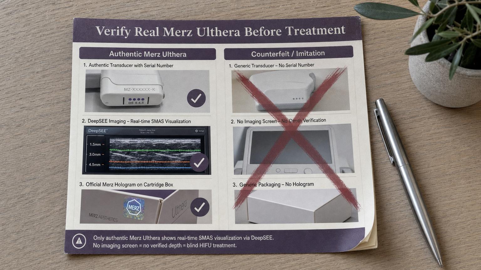 Top-down photograph of an authorized Merz Ultherapy verification setup on a brushed steel clinic table — sealed Merz-branded transducer cartridge box with holographic anti-counterfeit markings, 1.5 mm and 3.0 mm and 4.5 mm cartridge labels visible, a Merz Korea distribution certificate of authorization on letterhead, and the device control console showing the active DeepSEE imaging window with a bright echogenic SMAS line clearly identified