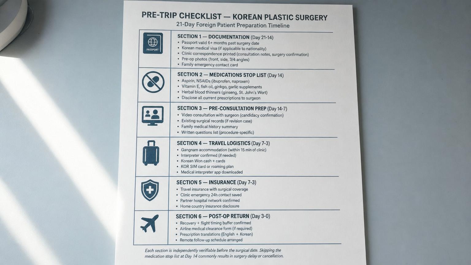 21-day pre-trip checklist card covering documentation, medication stop list, pre-consultation prep, travel logistics, insurance, and post-op return planning for Korean plastic surgery foreign patients.