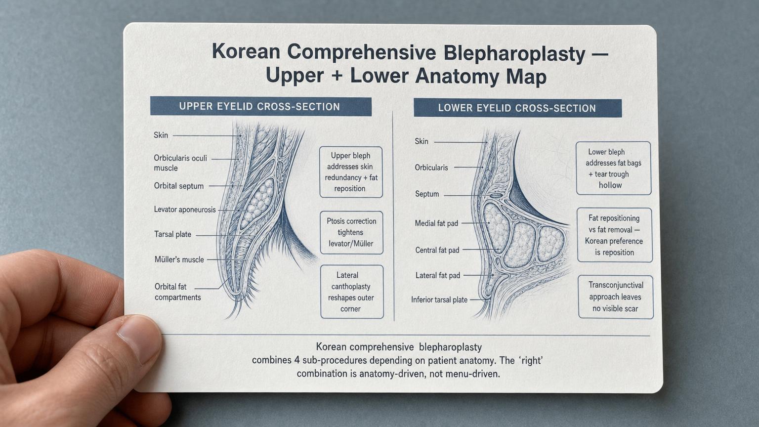Upper and lower eyelid anatomy map for Korean blepharoplasty: skin / orbicularis / orbital septum / levator / tarsal plate / fat compartments.