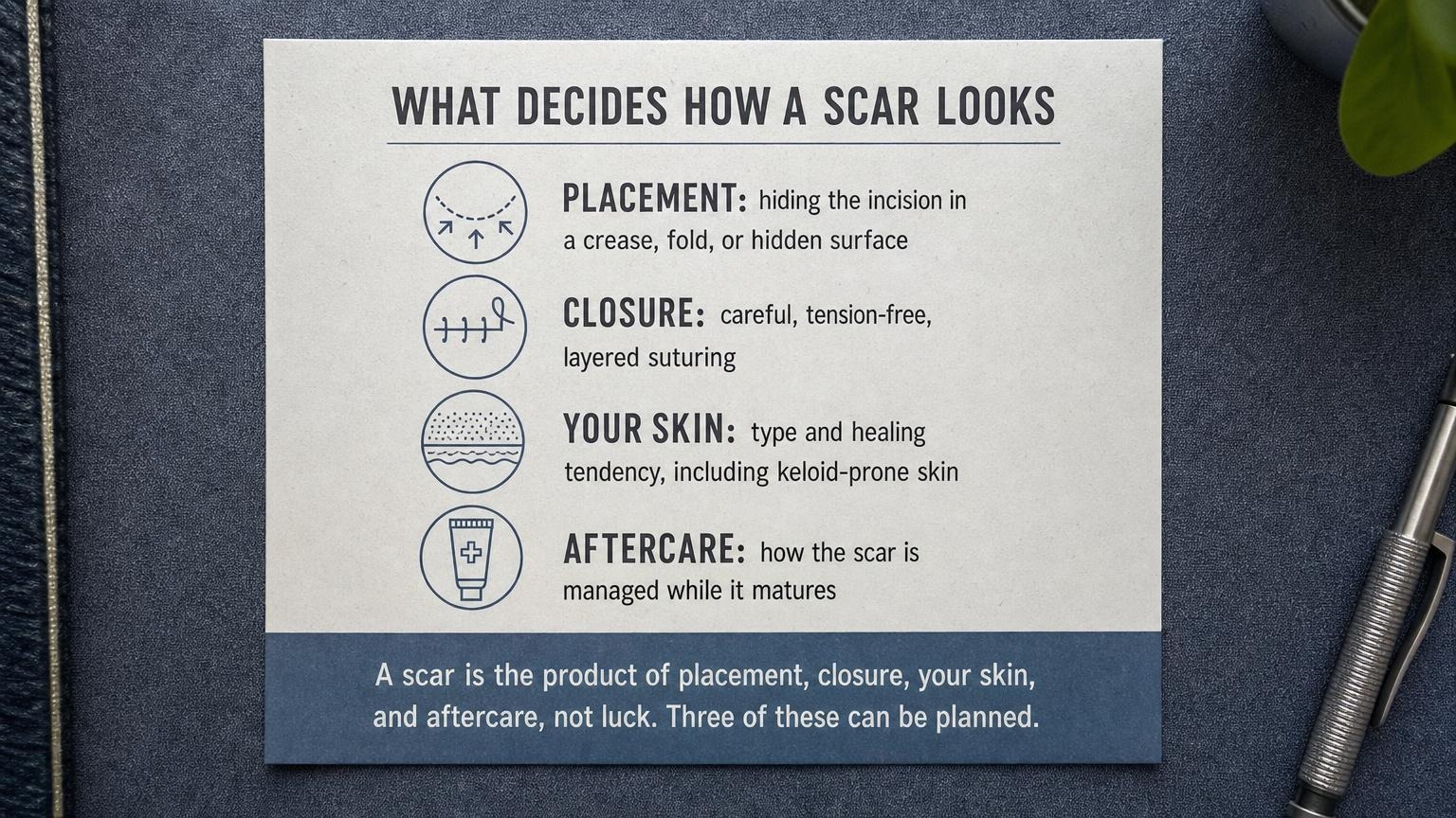 What decides how a scar looks: placement, closure, your skin, and aftercare