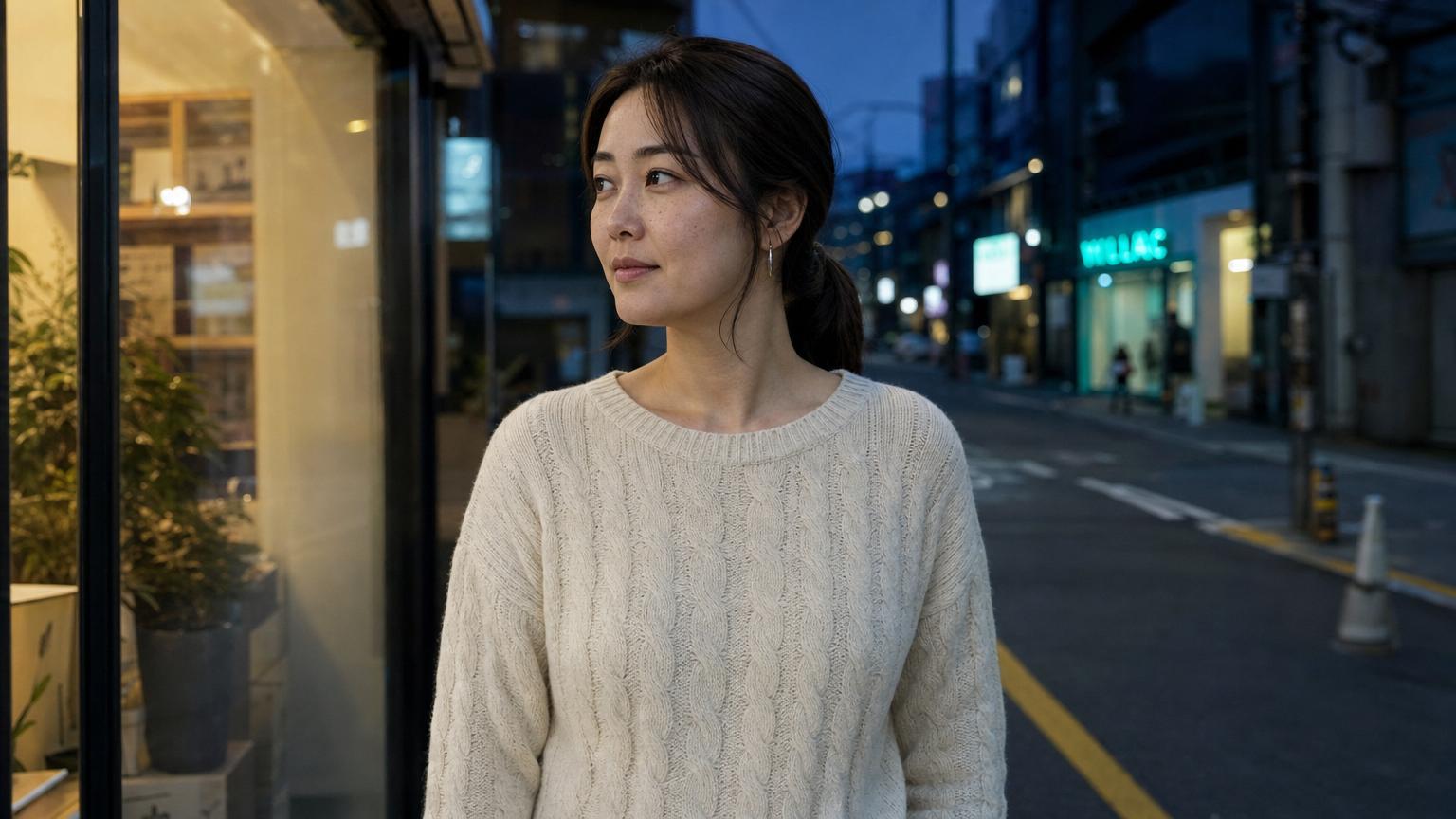 Same postpartum patient at month 3 AFTER Korean elastic tummy tuck — outdoor cafe selfie in fitted navy linen wrap dress with delicate gold pendant necklace, showing flat abdominal contour with natural waistline definition and no visible midline doming, photographed in soft natural daylight on a different day with relaxed neutral smile