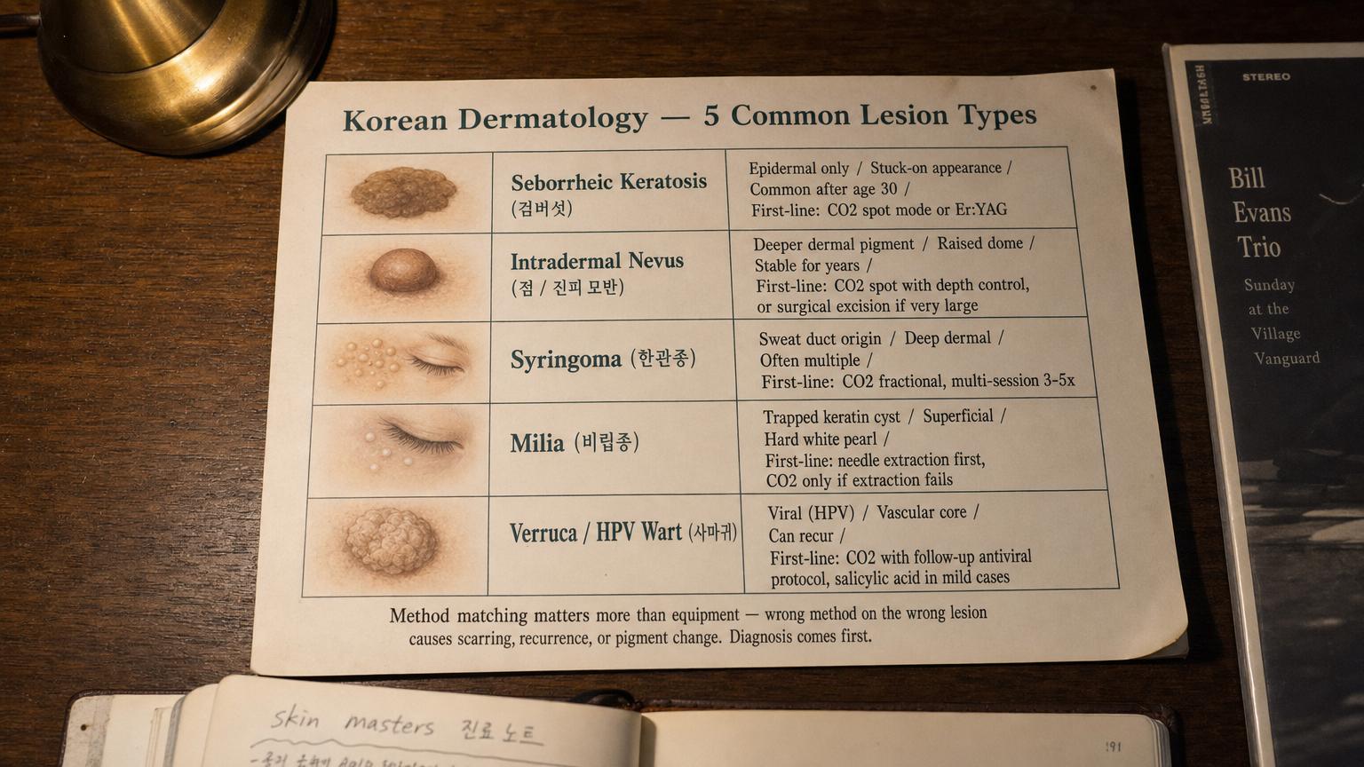 Printed Korean dermatology reference card showing the 5 common facial lesion types each with an illustrative drawing seborrheic keratosis intradermal nevus syringoma milia and verruca HPV wart with the first-line method assignment for each one and the principle that diagnosis must come before method selection.
