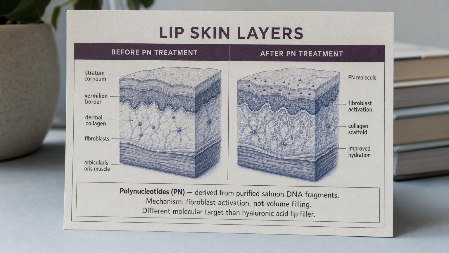 PN polynucleotide mechanism on lip skin: fibroblast activation, collagen scaffold, hydration improvement. Different molecular target than hyaluronic acid lip filler.