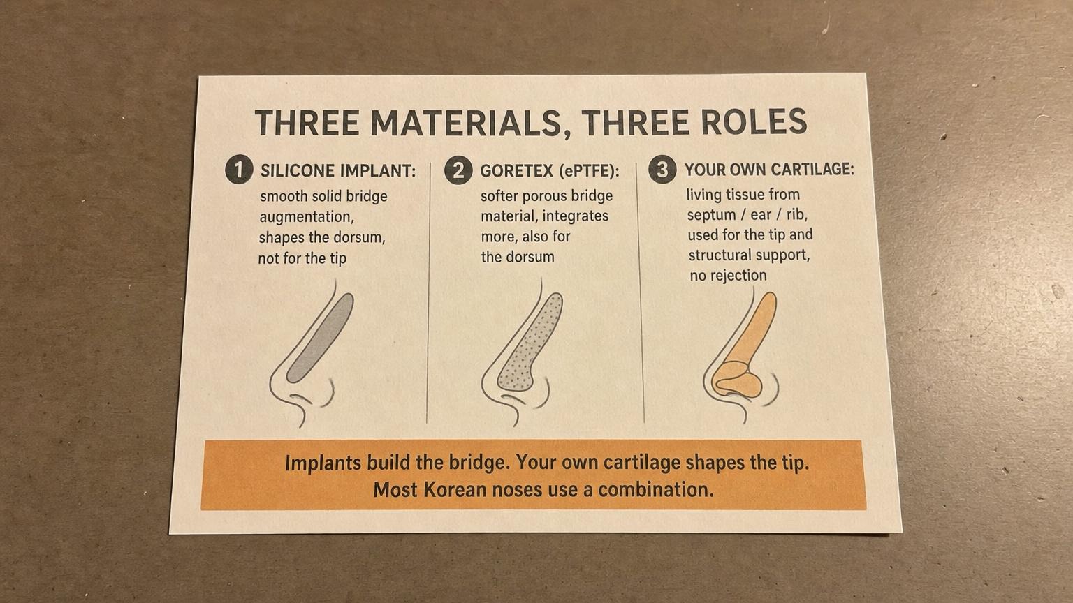 Three rhinoplasty materials and their roles: silicone and Goretex for the bridge, cartilage for the tip