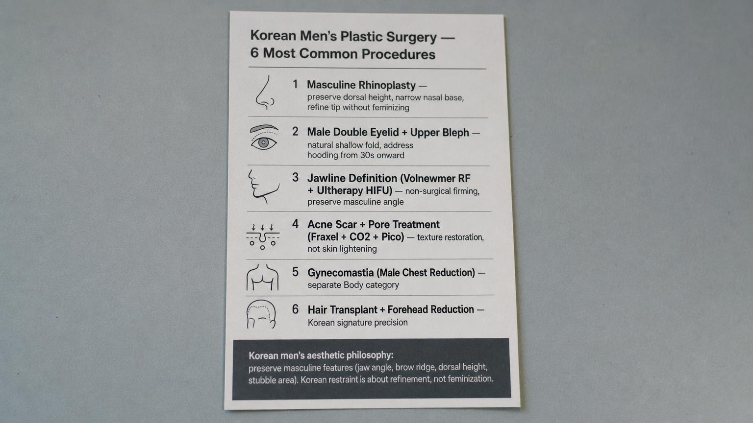 Korean men's plastic surgery 6 most common procedures: rhinoplasty / double eyelid / jawline RF / acne scar / gynecomastia / hair transplant.