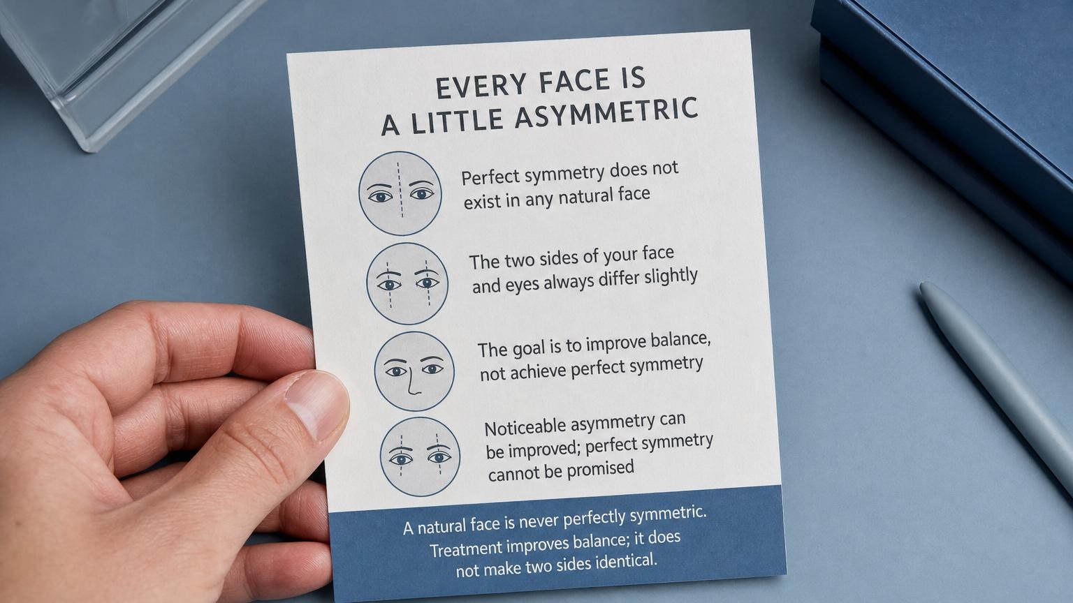 Every face is a little asymmetric: the goal is improved balance, not perfect symmetry