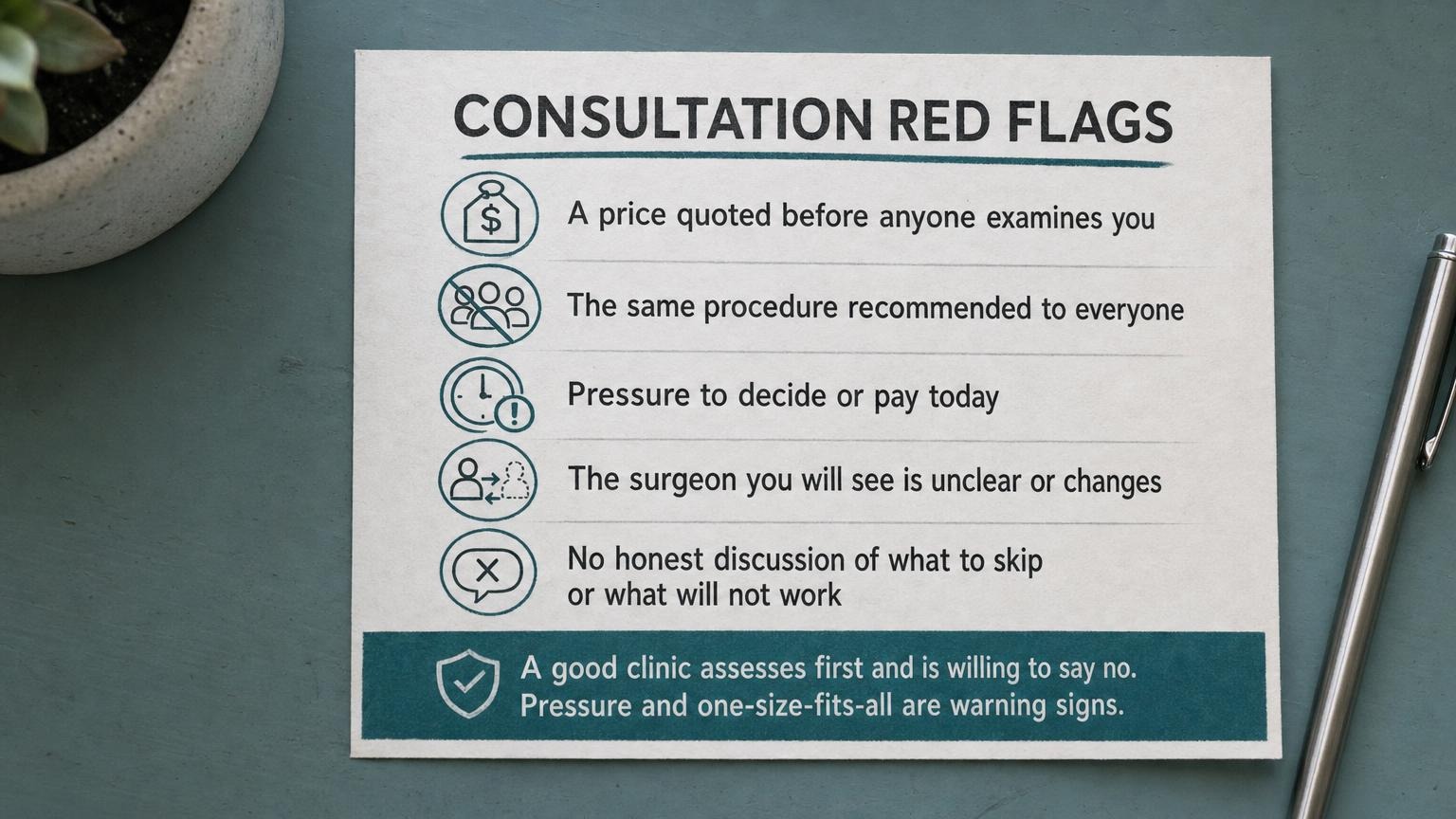 Consultation red flags: price before exam, one-size-fits-all, pressure