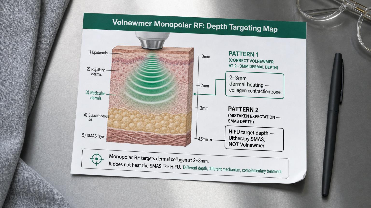Printed Korean dermatology reference card photographed on a brushed steel consultation desk with cool gray linen edge showing the Volnewmer monopolar RF depth targeting cross-section — reticular dermis at 2 to 3 millimeter target depth highlighted in emerald green for collagen contraction zone, with a separate ink-black arrow indicating the 4.5 millimeter SMAS layer labeled as the Ultherapy HIFU target rather than the Volnewmer target, annotation explaining different depth and different mechanism between RF and HIFU as complementary not competing treatments