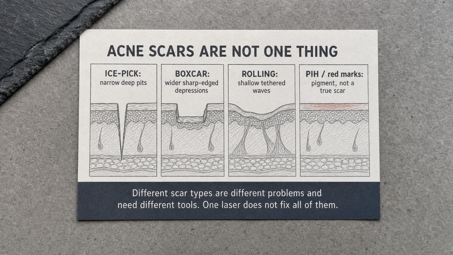 Acne scars are not one thing: ice-pick, boxcar, rolling, and PIH are different problems