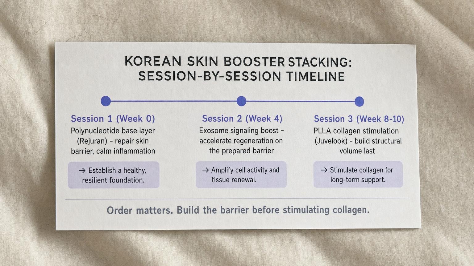 Korean skin booster stacking session-by-session timeline: Rejuran week 0, exosome week 4, Juvelook week 8-10