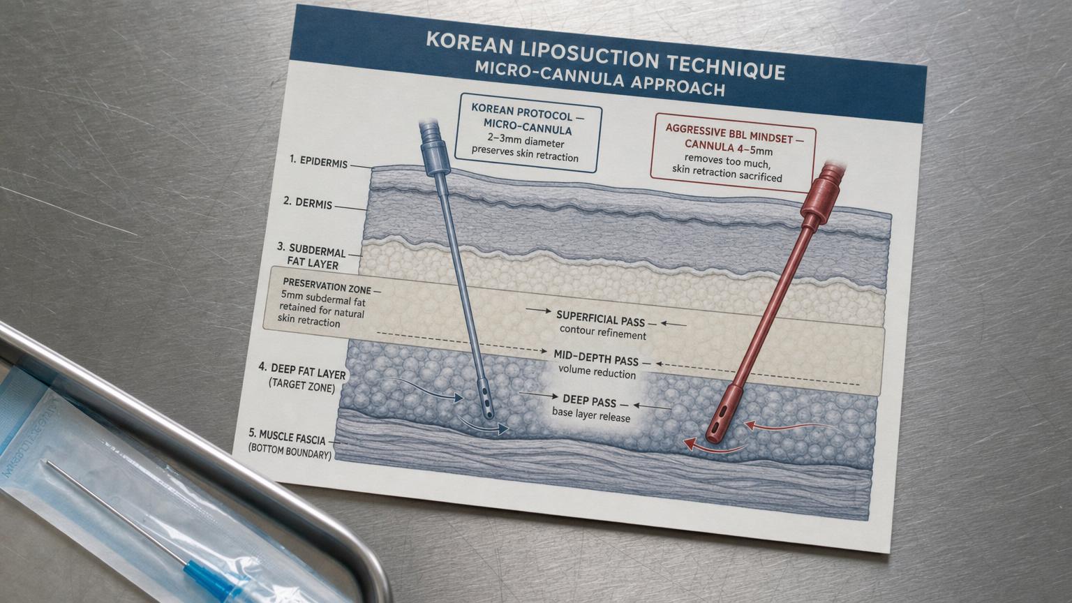 Top-down photograph of a printed Korean body surgery reference card showing the Korean liposuction layered technique cross-section — 2 to 3 mm micro-cannula tunneling through deep and intermediate fat layers, with the deliberate 5 mm subdermal fat preservation zone shaded above to protect the subdermal vascular plexus and support skin retraction