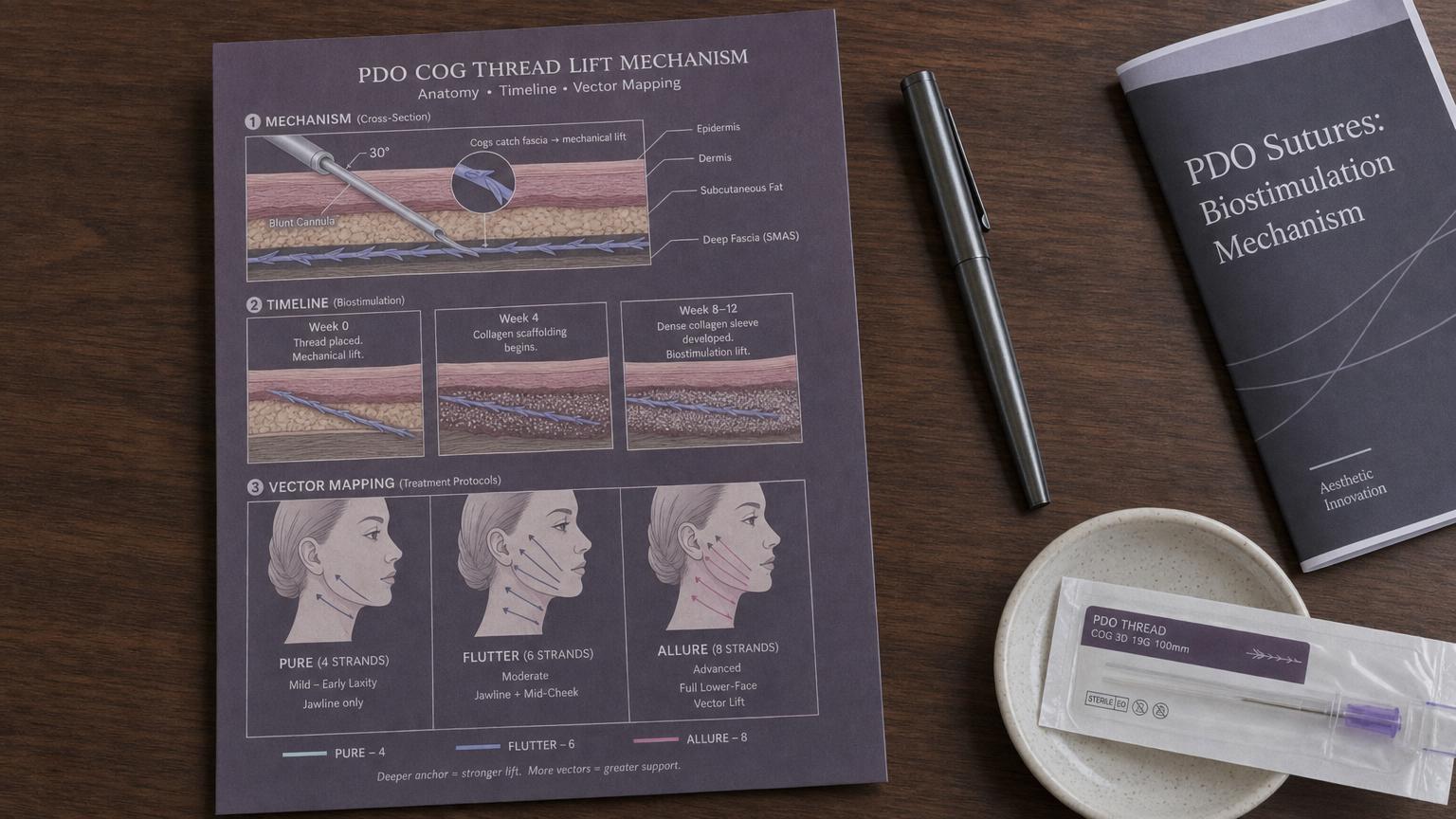 Top-down photograph of a printed dermatology reference card explaining the three Korean PDO cog thread variants — Pure 4-strand for mild laxity, Flutter 6-strand for moderate laxity, Allure 8-strand for advanced laxity — with annotated cog barb anatomy